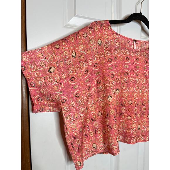 Free People Marion Pink Printed Silky Crop Split Back Shirt Size 10 Floral - Picture 7 of 12